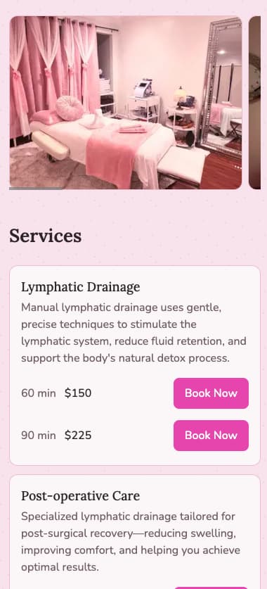 A second practitioner's services and gallery, in their own brand colors and style.